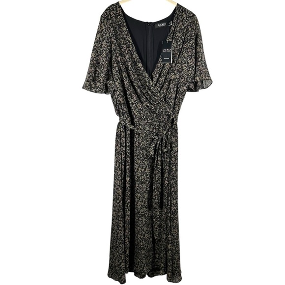 NEW Lauren Ralph Lauren Floral Wrap Dress Women's 12 Black Midi‎ Flutter Sleeve - Picture 1 of 10